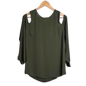 ANN TAYLOR Cold Shoulder Blouse in Olive Green Long Sleeve Women’s Medium